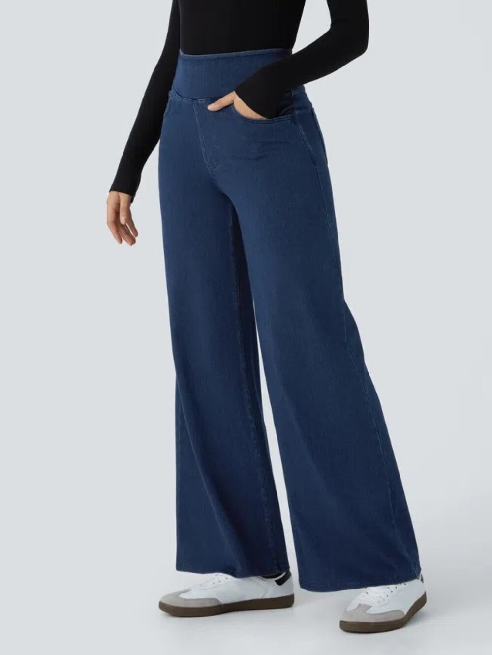 NWoT HALARA High Waisted 5 Pockets Wide Leg Loose Work Jeans L 12 14 Dark Blue - Picture 2 of 6